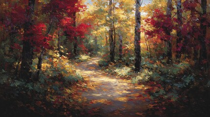 Obraz premium Serene Autumn Pathway Through Colorful Forest Landscape Scene