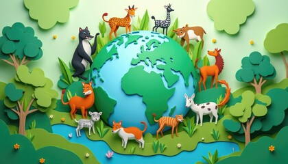 Diverse animals surrounding a globe in a stylized landscape.
