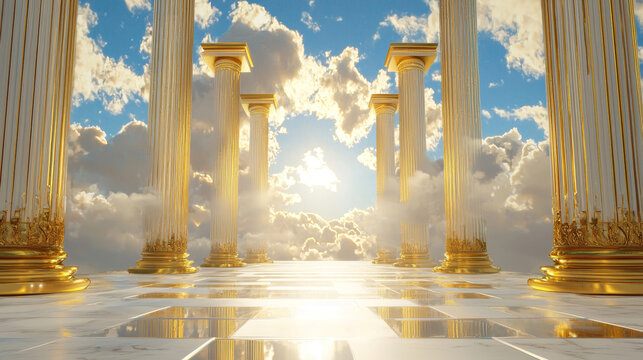 Grand Classic Architecture with Golden Columns and Marble Floor, Expansive Heavenly Temple Interior with Regal Baroque Design, Surreal Sky and Serene Divine Atmosphere