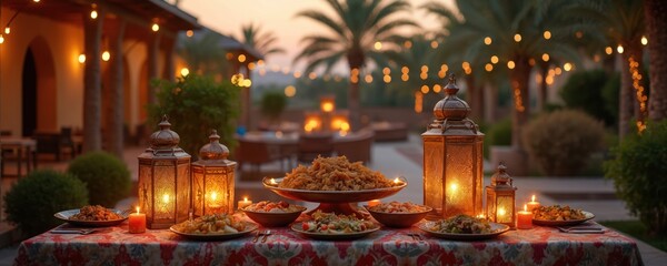 Dusk outdoor dining scene features Arabic dishes under glowing lanterns. Warm, cozy ambiance with palm trees, festive decor. Perfect for romantic or cultural celebrations, Middle Eastern hospitality.