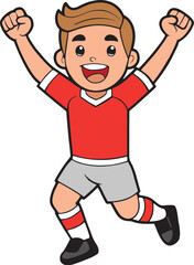 Cheerful cartoon soccer player celebrating with raised arms, great for sports education materials, stickers, and team branding.
