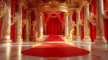 Luxurious Red and Gold Palace Interior with Columns and Shiny Marble, Elegant Grand Entrance with Red Carpet and Ornate Curtains, Regal Classical Design