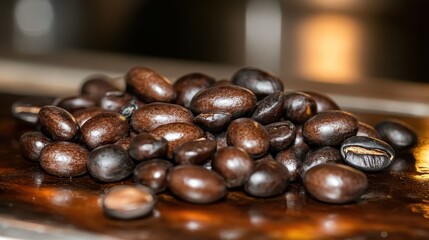 Close-Up of Rich Dark Roasted Coffee Beans on Wooden Table Surface
