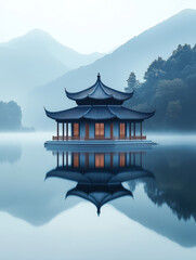 Obraz premium A New Chinese-style pavilion on a lake, an ink painting of a landscape.