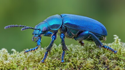Naklejka premium Vibrant blue beetle on moss