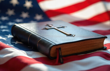 Closed Bible with cross emblem rests on American flag. Symbolic image combines faith, patriotism, representing Christian values within United States. Evokes themes of national identity, religious