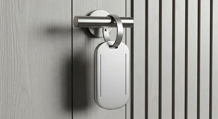 Obraz premium Elegant silver hotel door hanger with blank tag inviting customization and branding