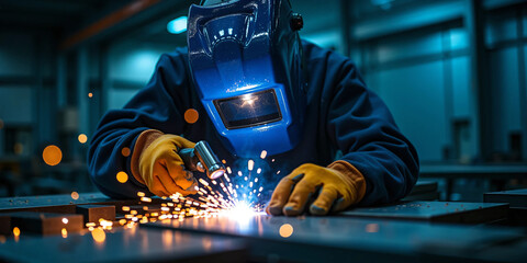 Close-up of industrial welder at work creating bright electric sparks while fusing metal in a modern fabrication workshop with protective gear, cinematic lighting, and intense manual precision