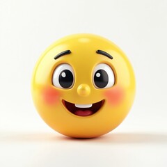 Friendly yellow emoji illustration with wide eyes, rosy cheeks, big smile. Cheerful, joyful, positive, cute, animated, digital emoticon conveys happiness, warmth. Clean white background highlights