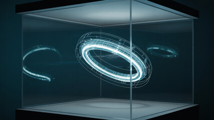 Futuristic Hologram in Cube Display: A mesmerizing, otherworldly scene of a glowing cyan holographic ring floating inside a sleek, transparent cube.