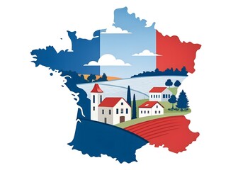 Obraz premium France Map Illustration with French Countryside and Flag Colors for Bastille Day