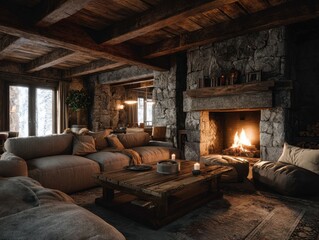 Cozy Rustic Living Room with Stone Fireplace and Warm Ambiance