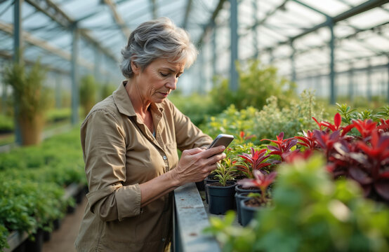 Smiling female agriculture expert uses mobile phone in greenhouse. Woman checks plants on smartphone, connected to agribusiness tech. Mature farmer in casual attire manages nursery, uses wireless