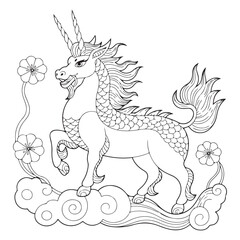 Outline drawing of kirin with flowers and clouds design