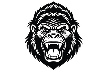 Fierce gorilla head with an open mouth showcases sharp teeth in black and white