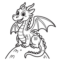 Cartoon dragon sitting on a hill black and white outline