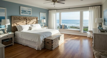 Serene coastal bedroom with ocean view, hardwood floors, white bedding, and rustic wooden headboard