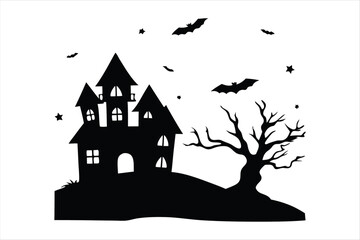 Spooky Halloween Graveyard Scene Silhouette - Bare Tree & Tombstones Vector