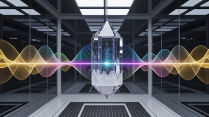 Energy in the laboratory: A digital depiction of a crystal structure emits waves in a cutting-edge laboratory environment, representing the interplay of science, technology, and innovation. 