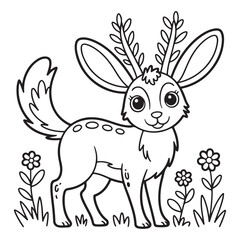 Outline drawing of a jackalope with flowers and grass