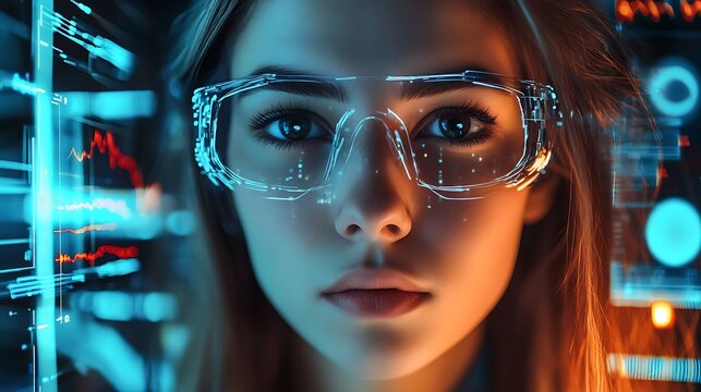 Woman wearing augmented reality glasses future technology innovation ai data analysis virtual reality interface