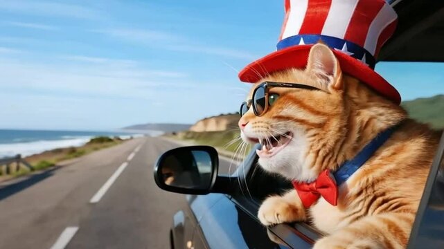 Patriotic cat Wearing Uncle Sam Hat Enjoying Coastal Road Trip and sunglasses summer vacation animal lover design Independence da 4th of july patriotic ho