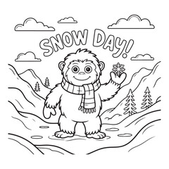 Yeti with snowflake on snow day coloring page outline