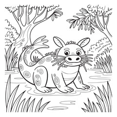 Outlined dragon creature in a swamp coloring page style
