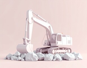 Excavator digging through gravel on pastel earth.