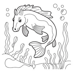 Outline horsefish swimming in ocean with bubbles and seaweed