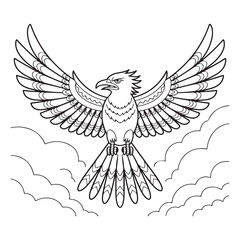 Outlined eagle soaring with spread wings in the clouds
