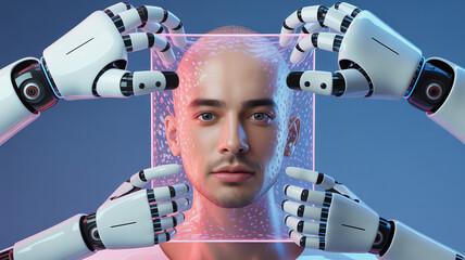 Tech-Enhanced Cognition: A man's face is framed by robotic hands, a symbol of technological advancement and the future of human potential.  