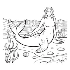 Line art of a mermaid with seal tail on a sandy beach day