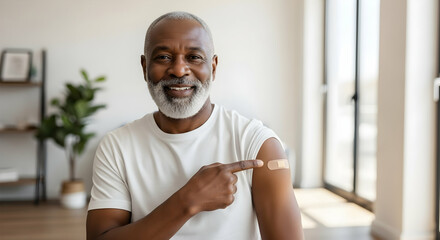 Smiling Senior Man Shows Arm After Receiving a Vaccine Shot