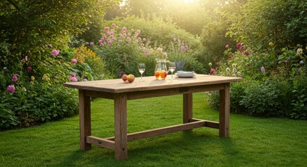 Rustic wooden table sits in a vibrant garden, bathed in golden sunlight, adorned with fruit and drinks