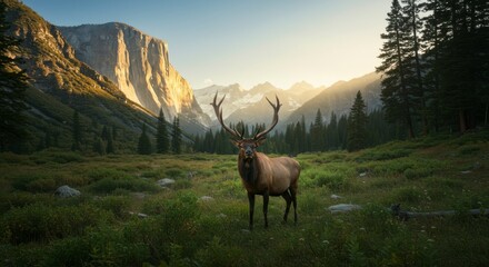 Elk in mountain valley sunrise