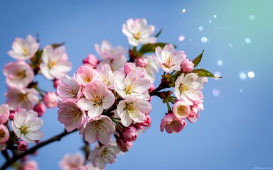 Naklejka premium Close-Up of Delicate Pink Cherry Blossoms Against a Clear Blue Sky