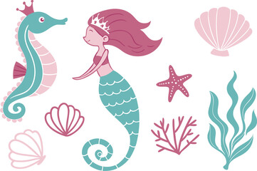 Magical Ocean Set Illustration for Fantasy and Sea Designs. Enchanted Magical Ocean Clipart for Digital and Print Projects. Whimsical Magical Ocean Artwork for Crafts and Social Media. Beautiful Magic