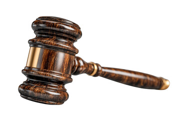 A wooden gavel with a polished finish, featuring a cylindrical head and a tapered handle, often used in legal proceedings.