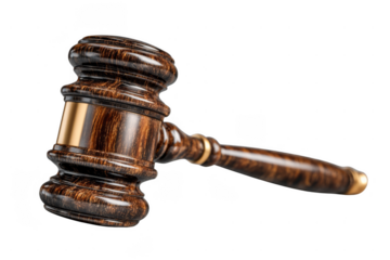 A wooden gavel with a polished finish, featuring a cylindrical head and a tapered handle, often used in legal proceedings.