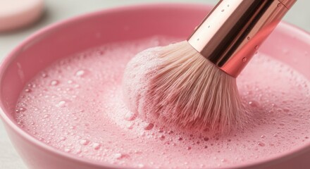 Cleansing makeup brush in a pink bowl with soapy suds