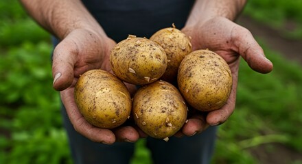 Freshly harvested potatoes held in farmer's hands