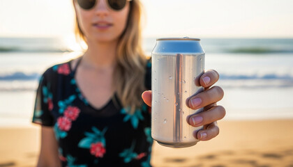 Woman Holding Cold Beverage Can on Beach – Summer Refreshment and Branding Mockup Concept