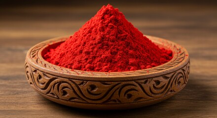 Pile of vibrant red powder in a decorative wooden bowl