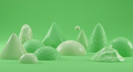 A vibrant, green landscape of abstract shapes, cones, and spheres. Various textures and shading