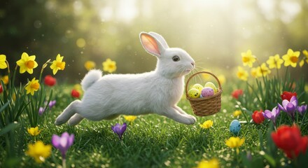 A fluffy white bunny hops through a vibrant spring meadow, carrying a basket of colorful eggs