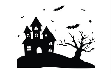Spooky Halloween Graveyard Scene Silhouette - Bare Tree & Tombstones Vector
