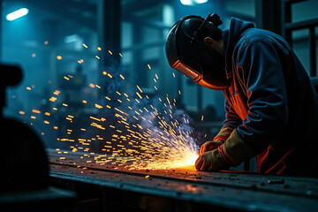 Close-up of industrial welder at work creating bright electric sparks while fusing metal in a modern fabrication workshop with protective gear, cinematic lighting, and intense manual precision