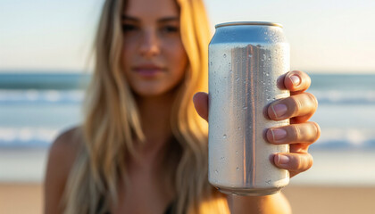 Woman Holding Cold Beverage Can on the Beach – Refreshing Summer Drink Concept