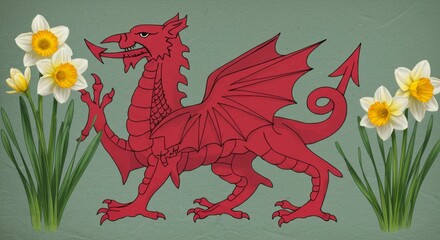 A fierce red dragon, the national emblem, stands proudly with vibrant yellow daffodils